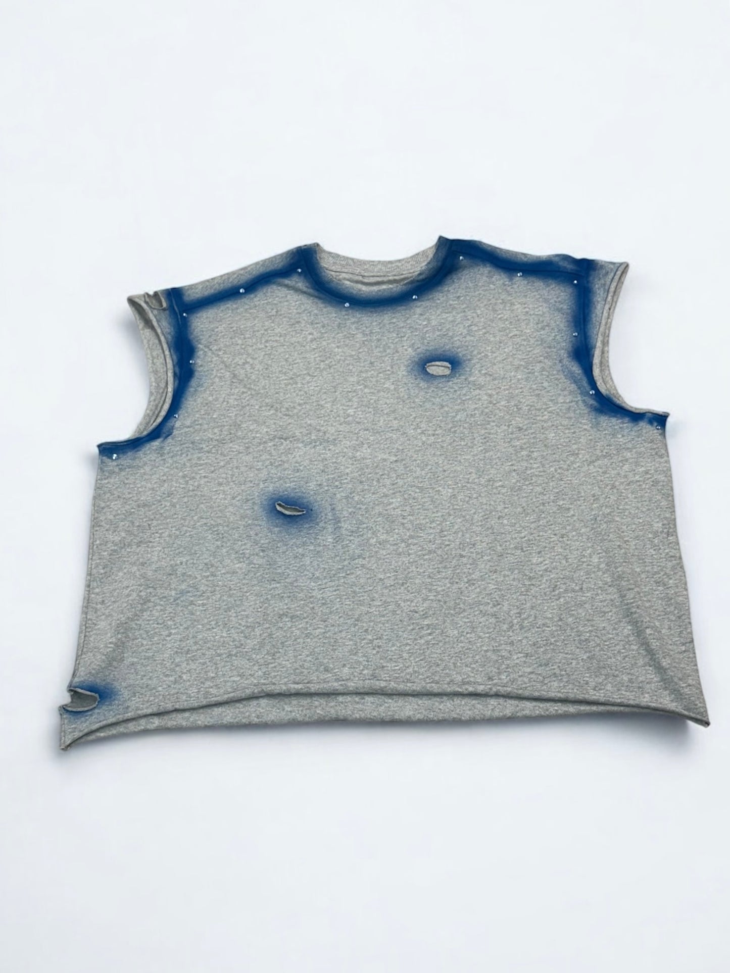 Gray and blue sleeveless pullover with blue designs and rhinestones