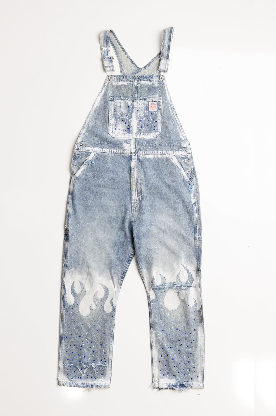 Blue denim overalls designed with flames in precious rhinestones