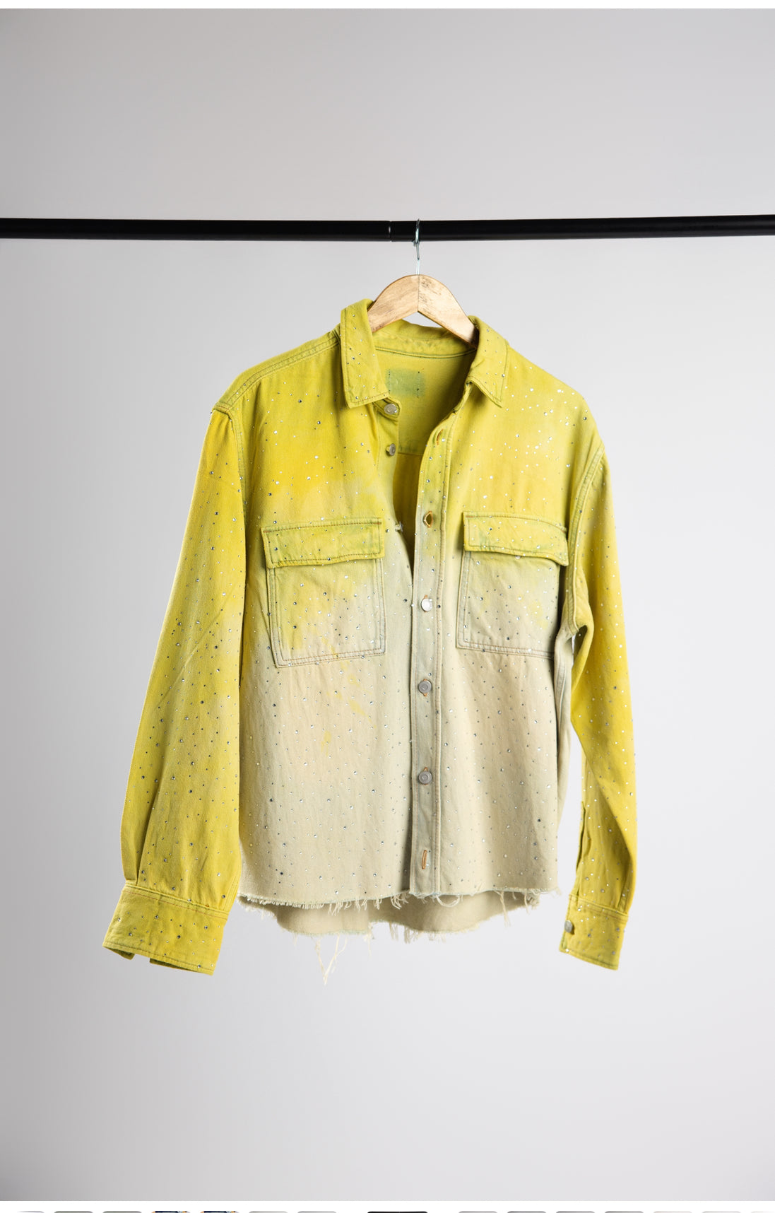 Two-tone yellow denim shirt and pants set with a rinesthone design