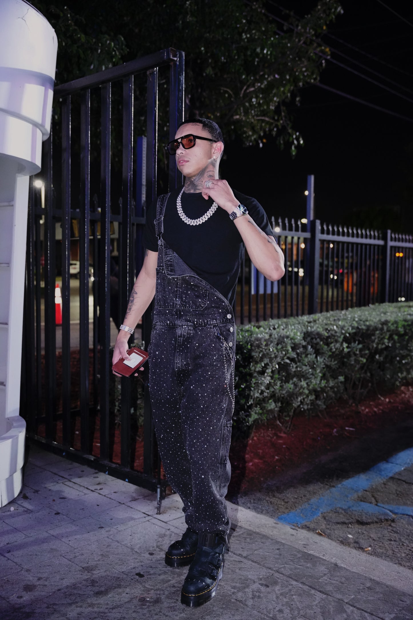 Black denim overalls designed with rhinestone