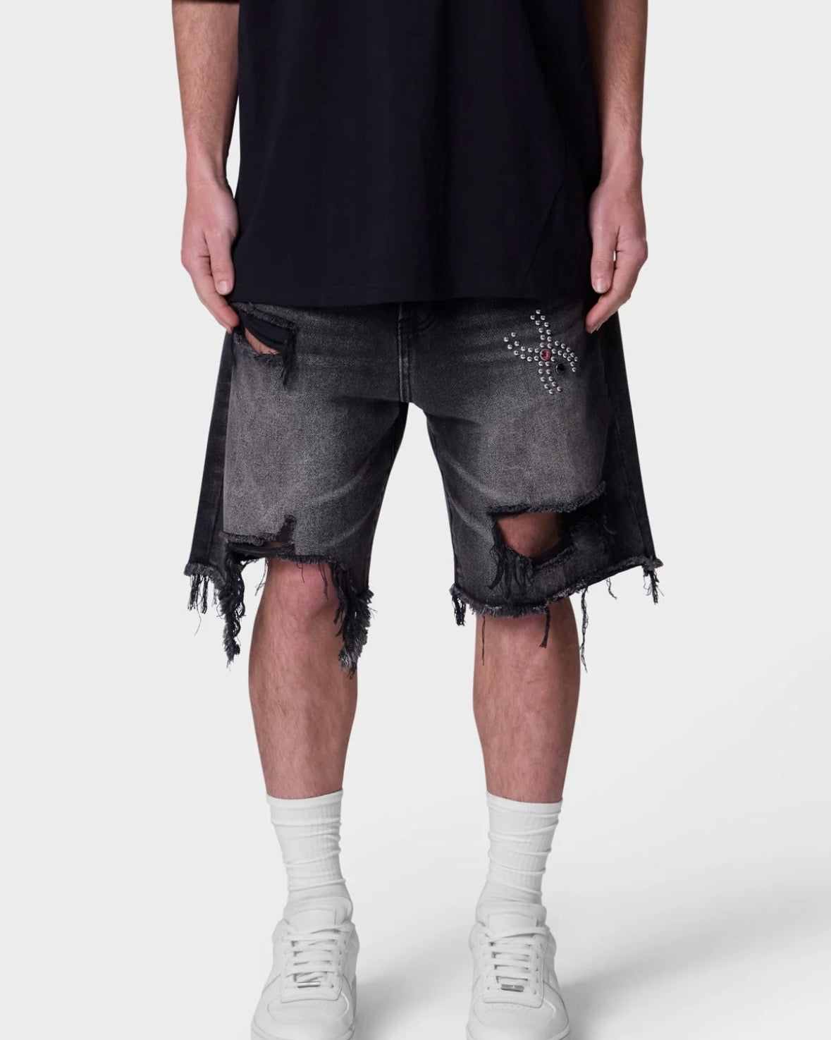 Shorts vaqueros desgastados con estampado de araña - Negro lavado