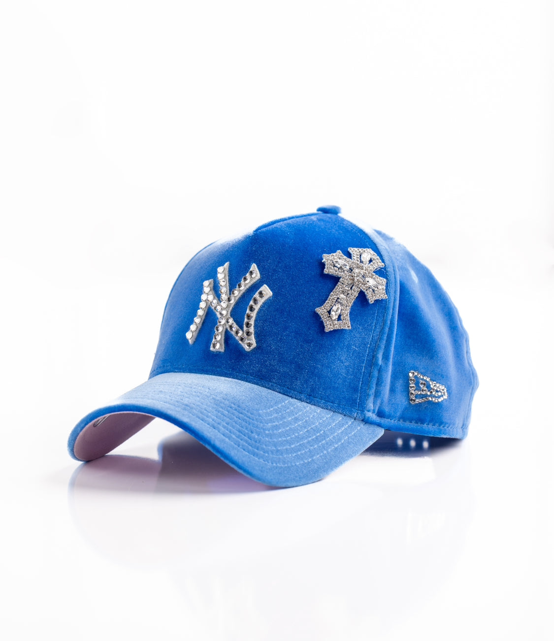 NY Yankees blue suede cap with rhinestones and crosses