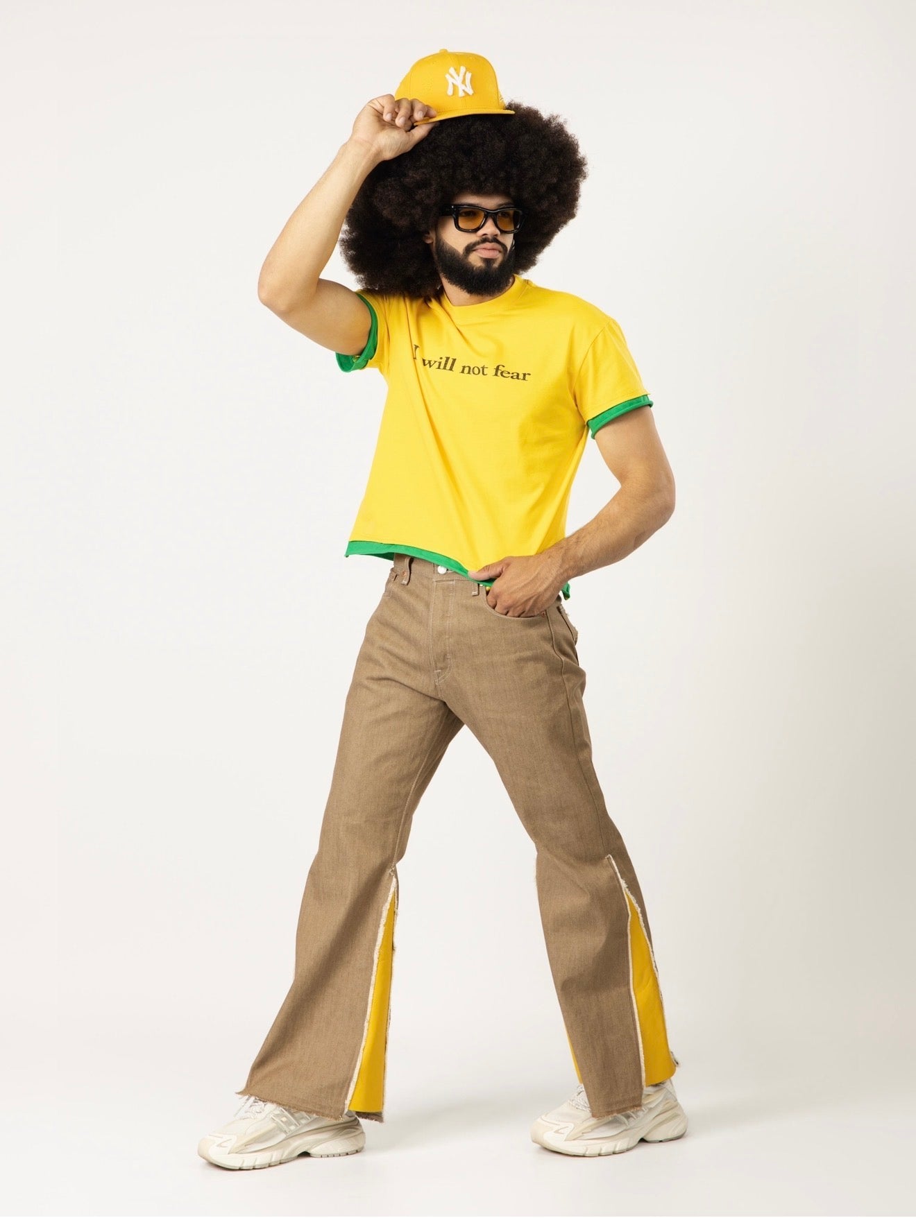Pants with yellow leather designs