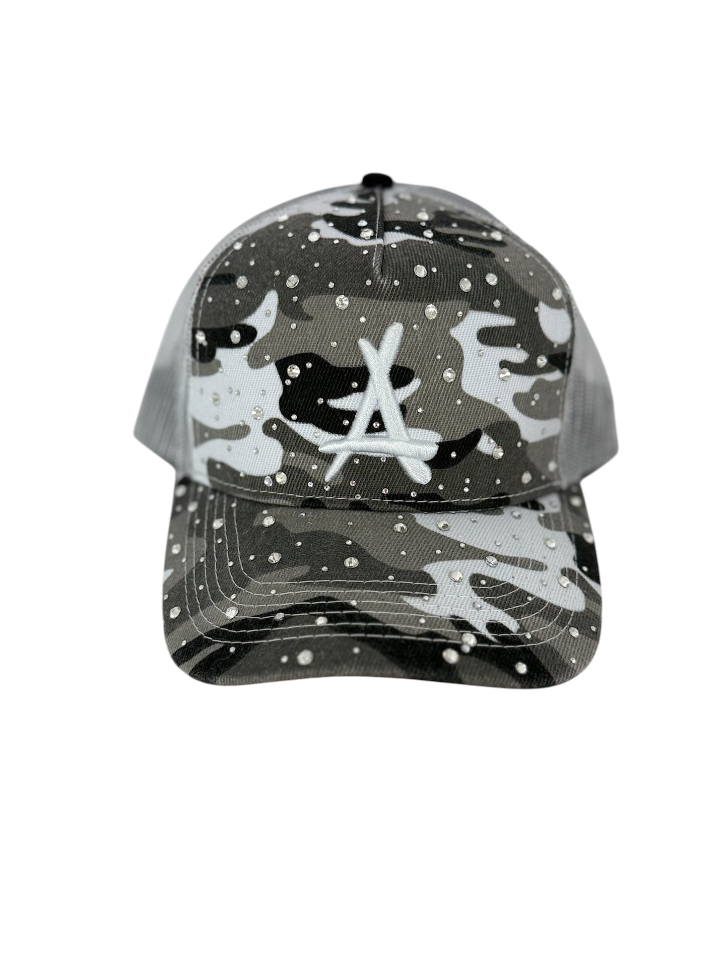 White Camo Cap with Mesh and Rhinestone