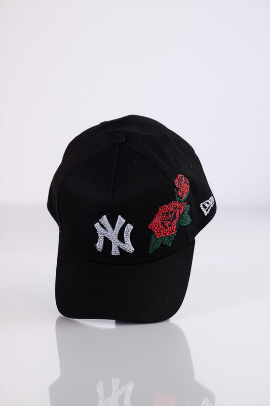 Black NY Yankees cap with rose and rhinestone