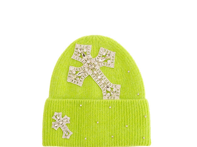 Green winter hat with rhinestone crosses