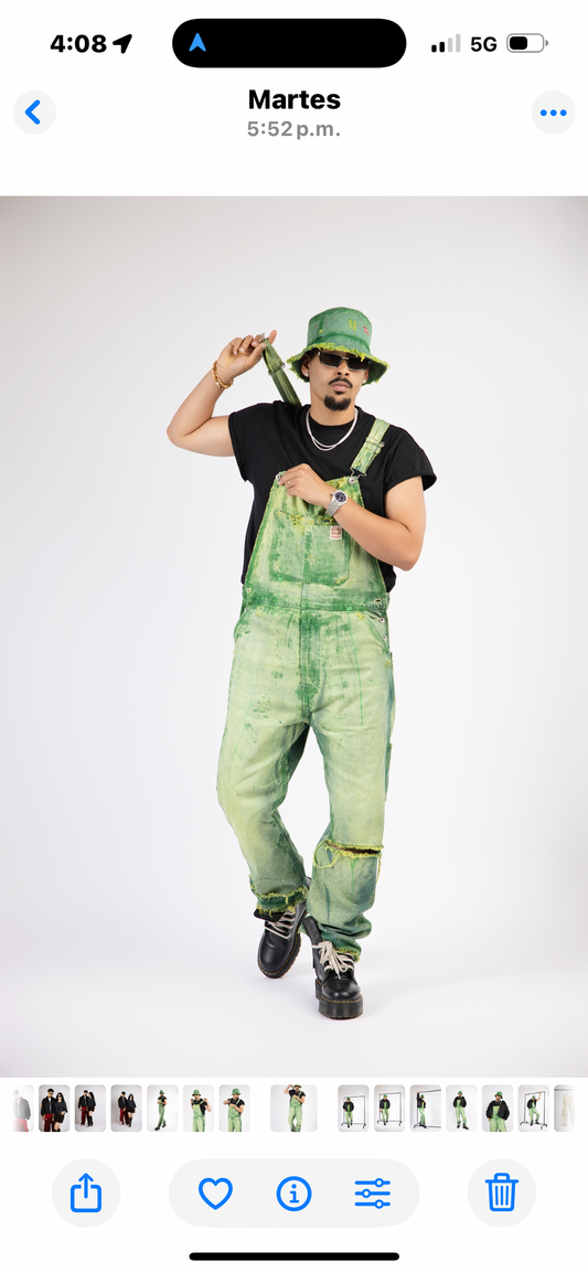 Apple green denim overalls and bucket hat set with vintage effect