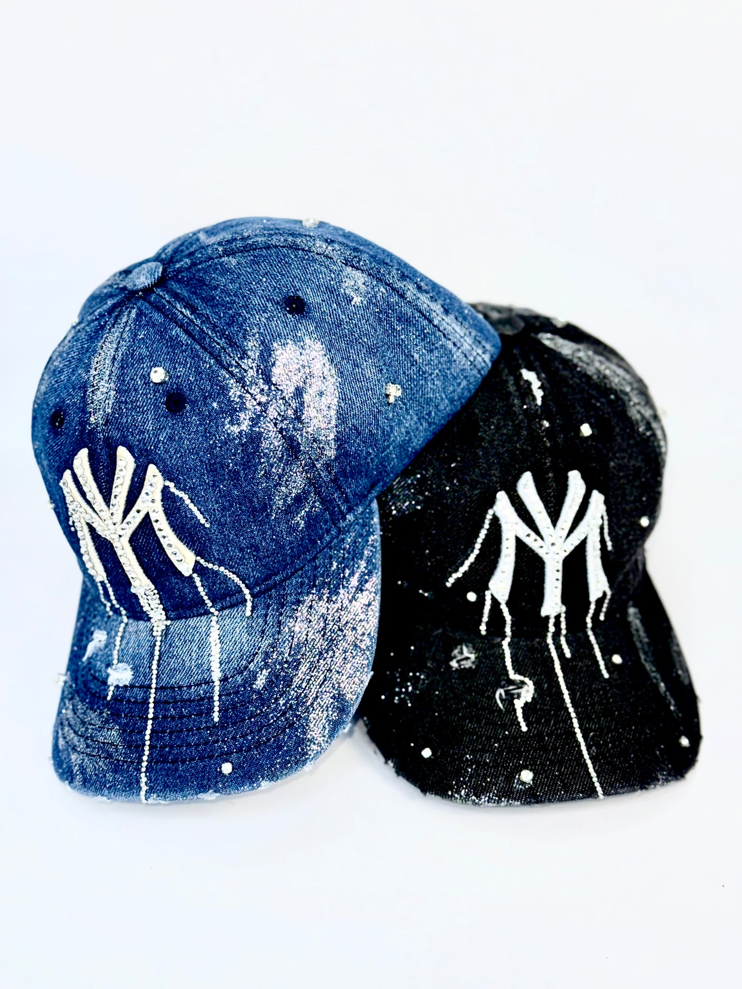 Blue washed denim cap with rhinestone