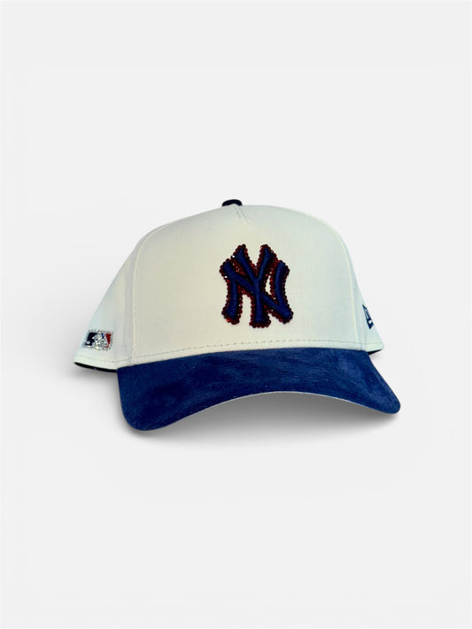 New York Yankees Cap in cream and blue, featuring rhinestone designs.