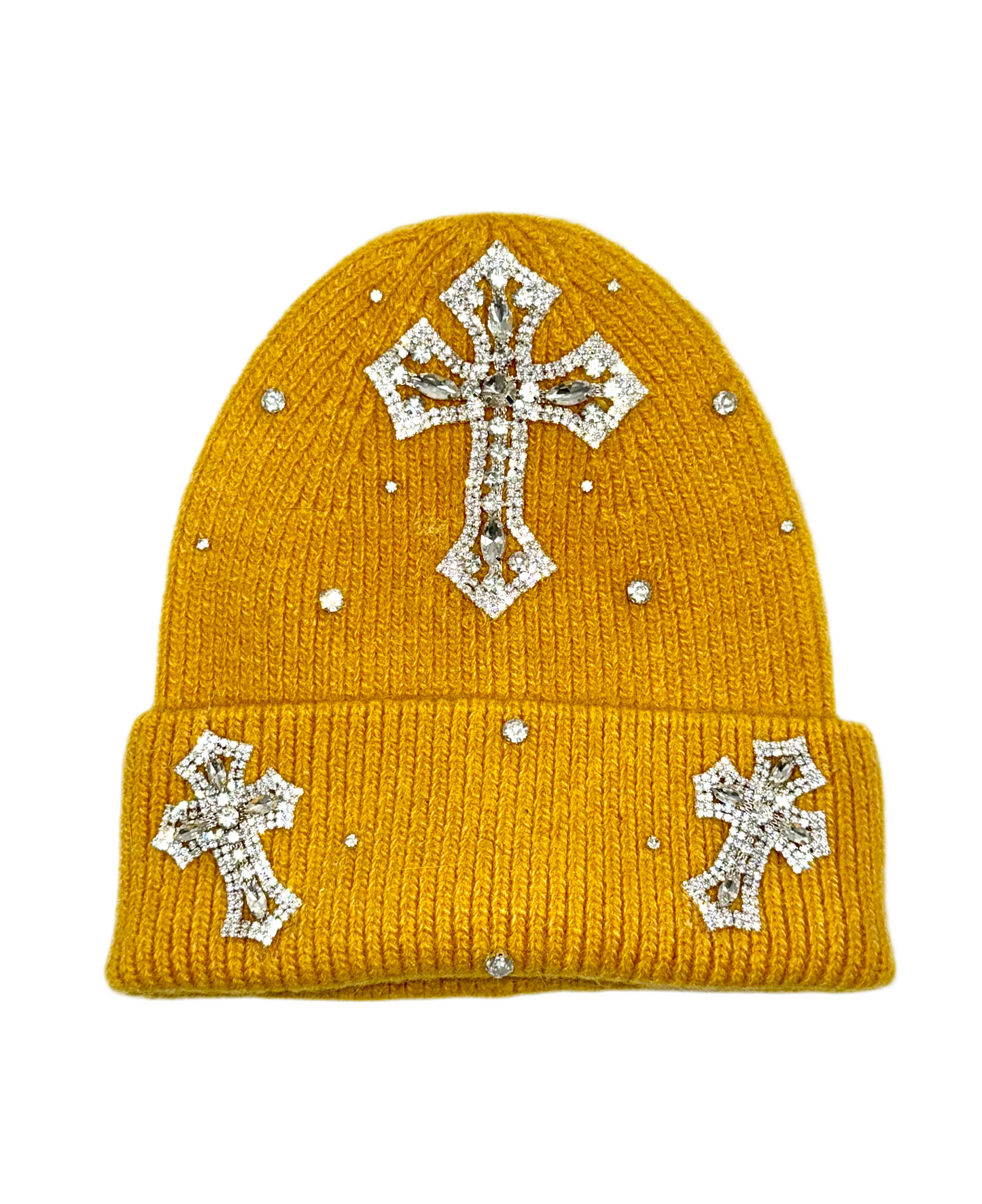 Yellow winter hats with rhinestone crosses