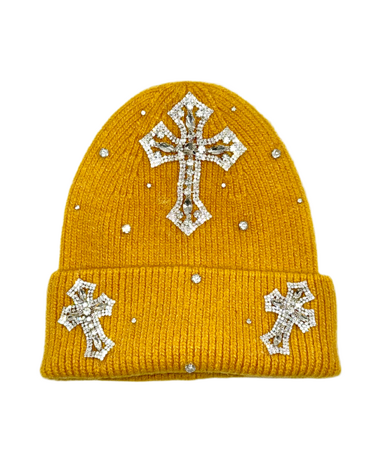 Yellow winter hats with rhinestone crosses