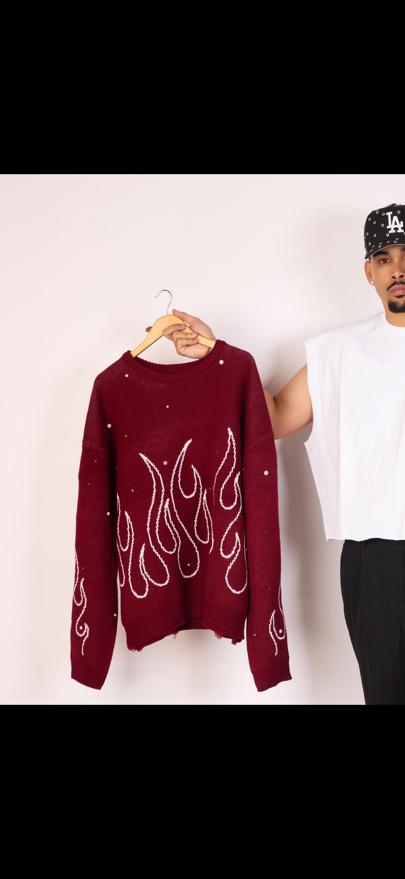 Wine red sweater with flames and pearls