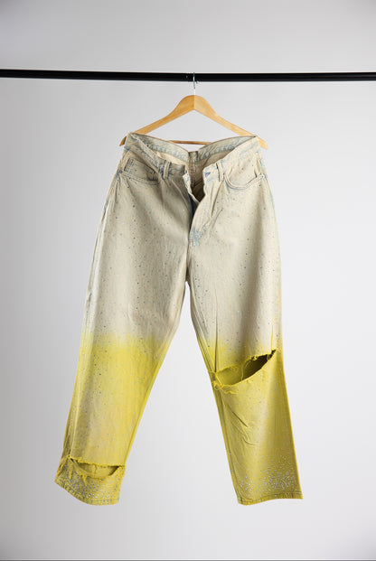 Two-tone yellow denim shirt and pants set with a rinesthone design