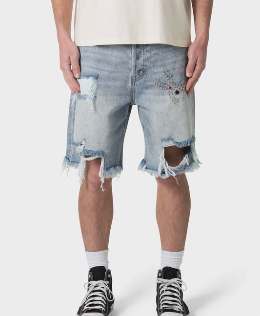 Shorts vaqueros desgastados con estampado de araña - Azul claro