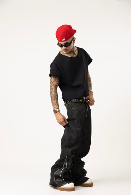 Pants with black leather designs