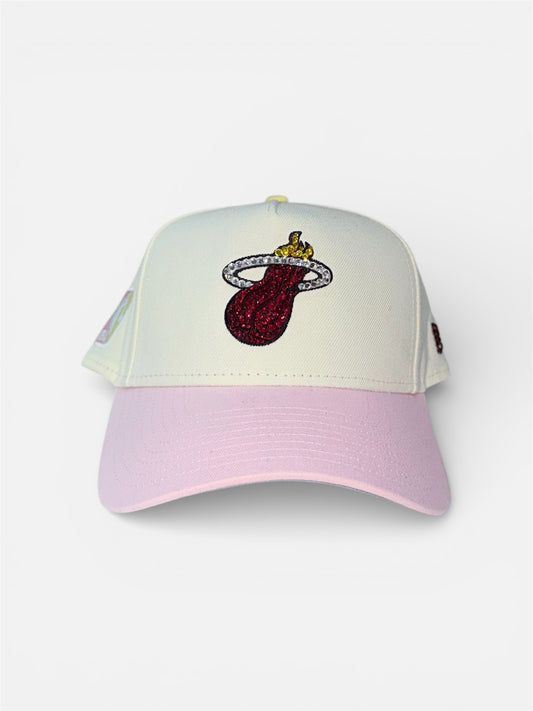 Miami Heat Cap in Cream and Pink with Rhinestone Designs