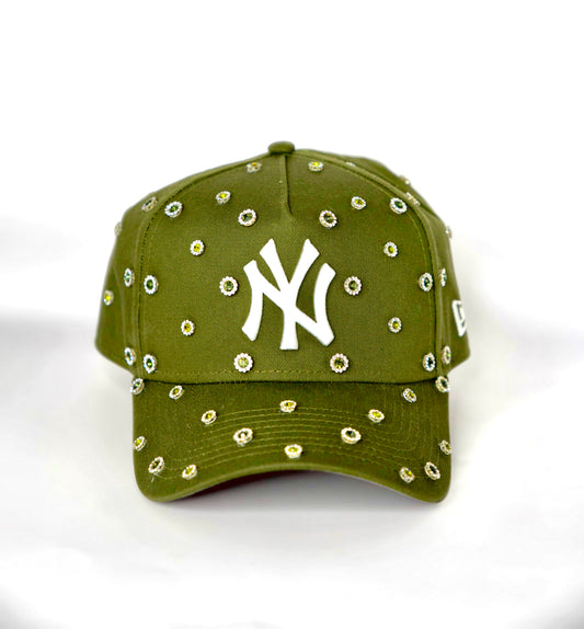 olive green yankees NY snapback cap with rhinestone