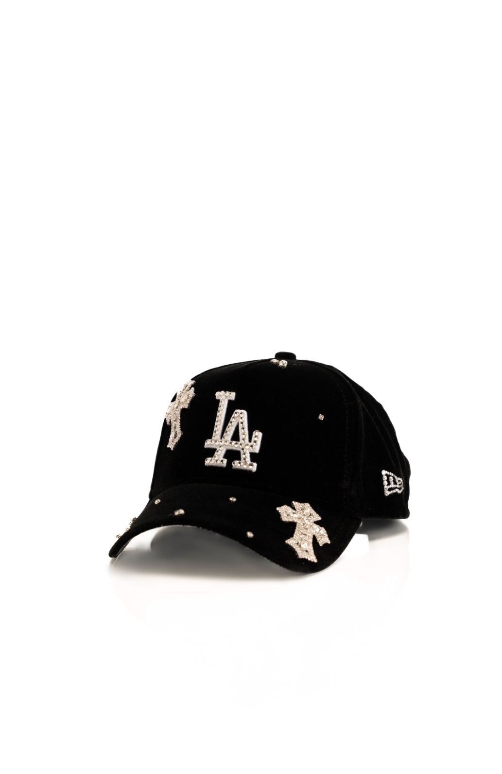 LA black suede cap with rhinestone cross design