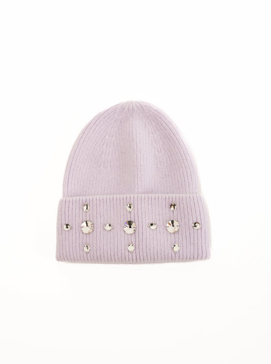 Light violet winter hat with rhinestone design