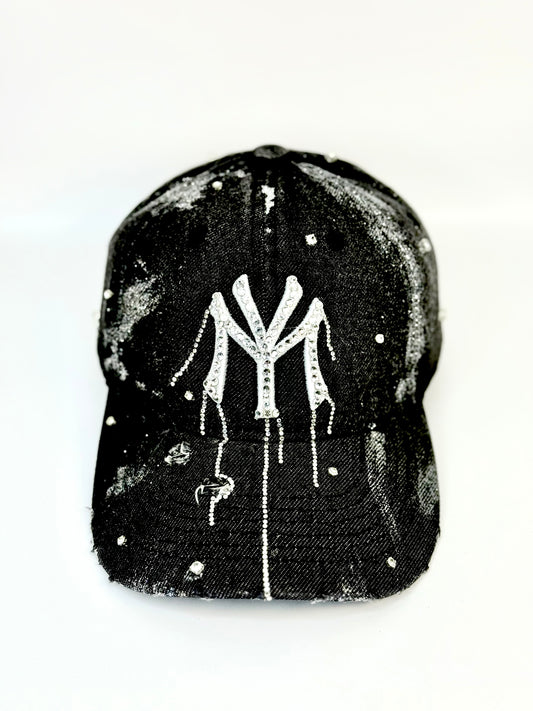 black washed denim cap with rhinestone