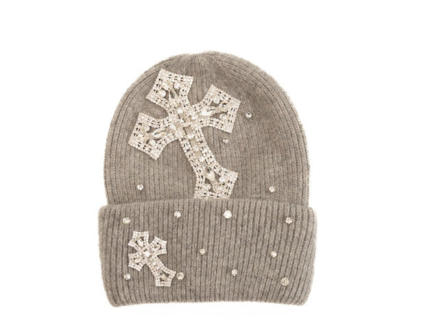 Grey winter hat with rhinestone crosses