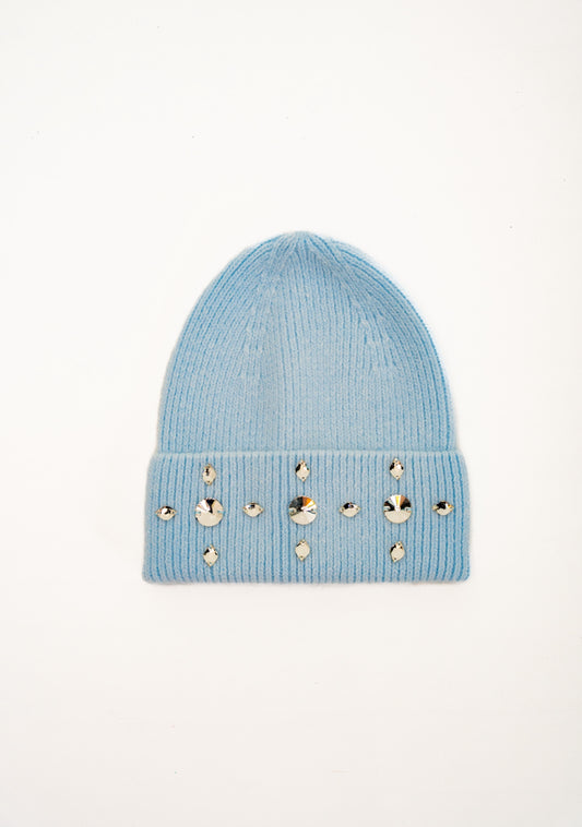 Light blue winter hat with rhinestone design