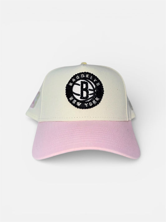 Brooklyn Nets Cap in Cream and Pink with Rhinestone Designs