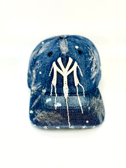 Blue washed denim cap with rhinestone