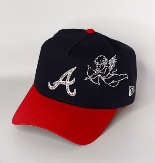 blue and red atlanta snapback cap with rhinestone cupid