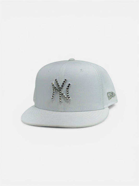 White New York Cap with Rhinestone Design