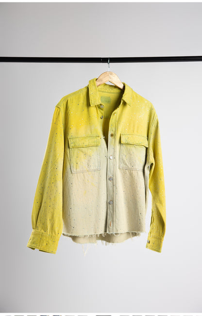 Two-tone yellow denim shirt and pants set with a rinesthone design