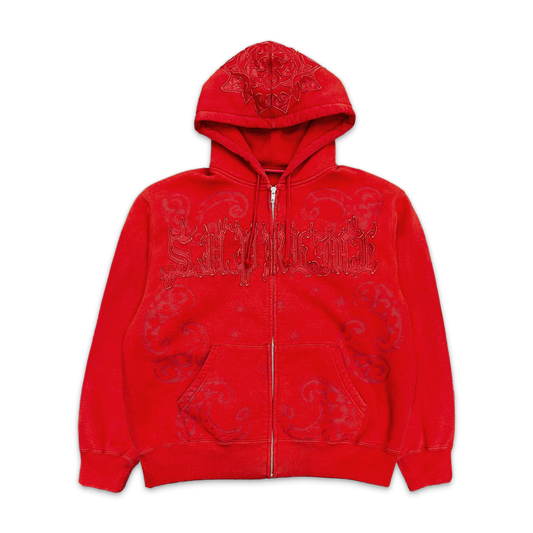 Leather Applique Zip Up Hooded
Sweatshirt "Burnt Red"