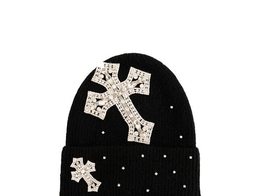 Black winter hat with rhinestone crosses