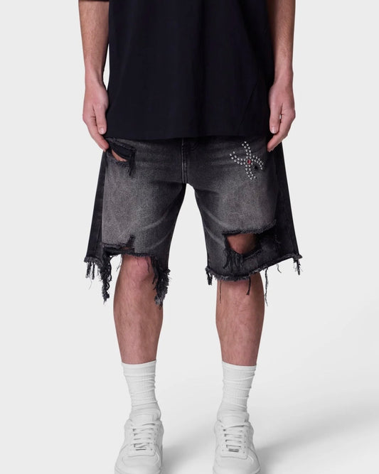 Shorts vaqueros desgastados con estampado de araña - Negro lavado