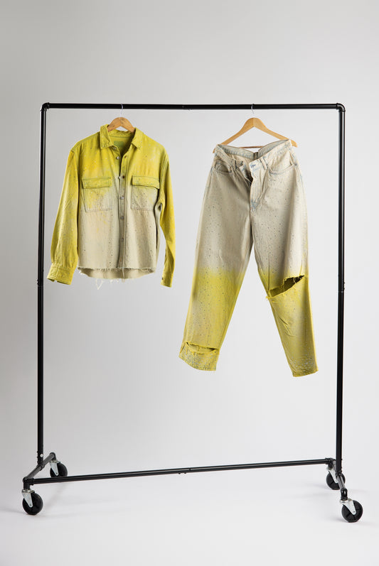 Two-tone yellow denim shirt and pants set with a rinesthone design