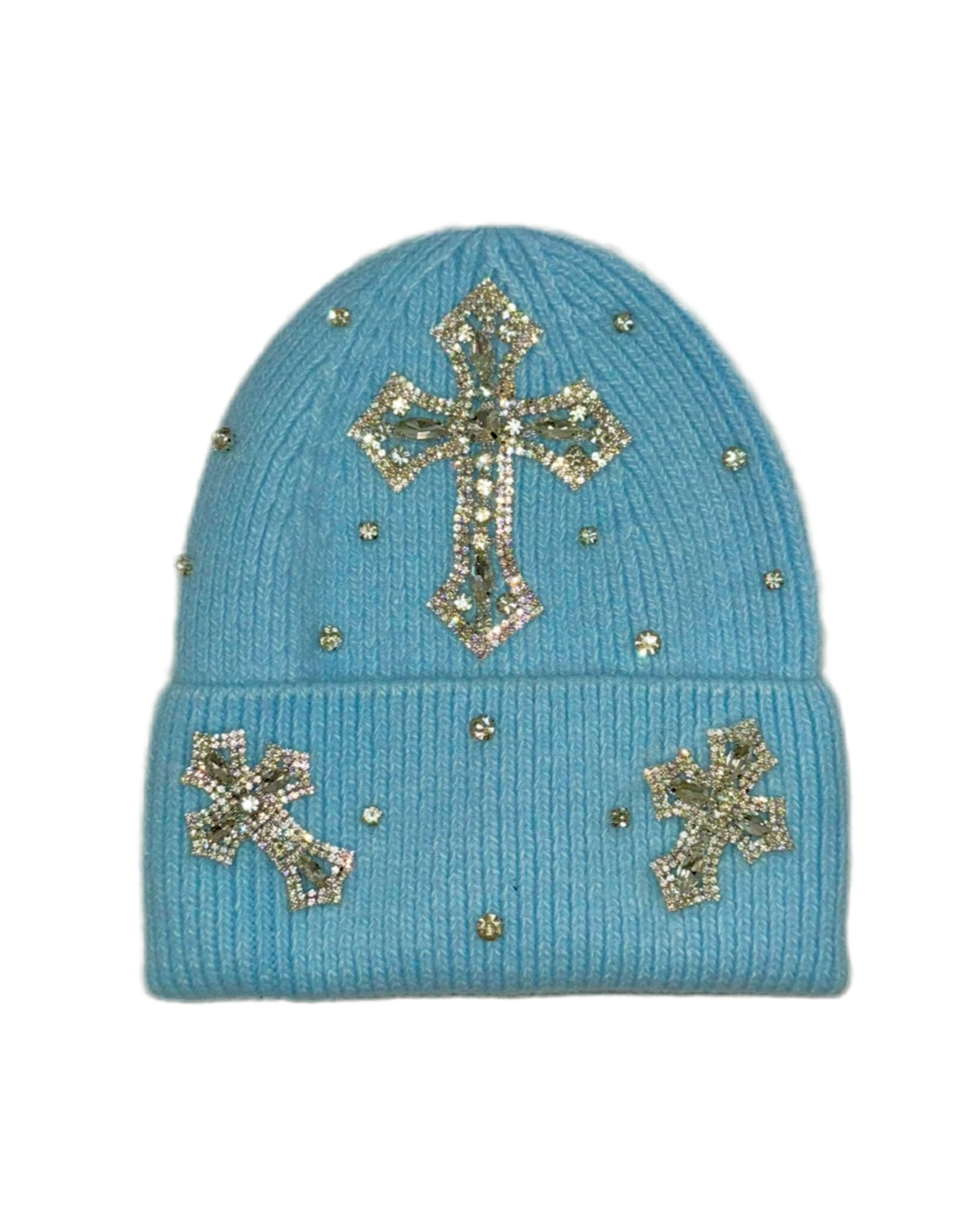 Light bluewinter hats with rhinestone crosses