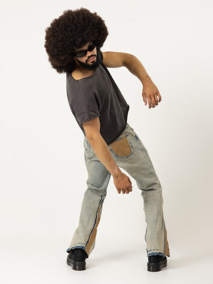 Jeans designed with tan leather