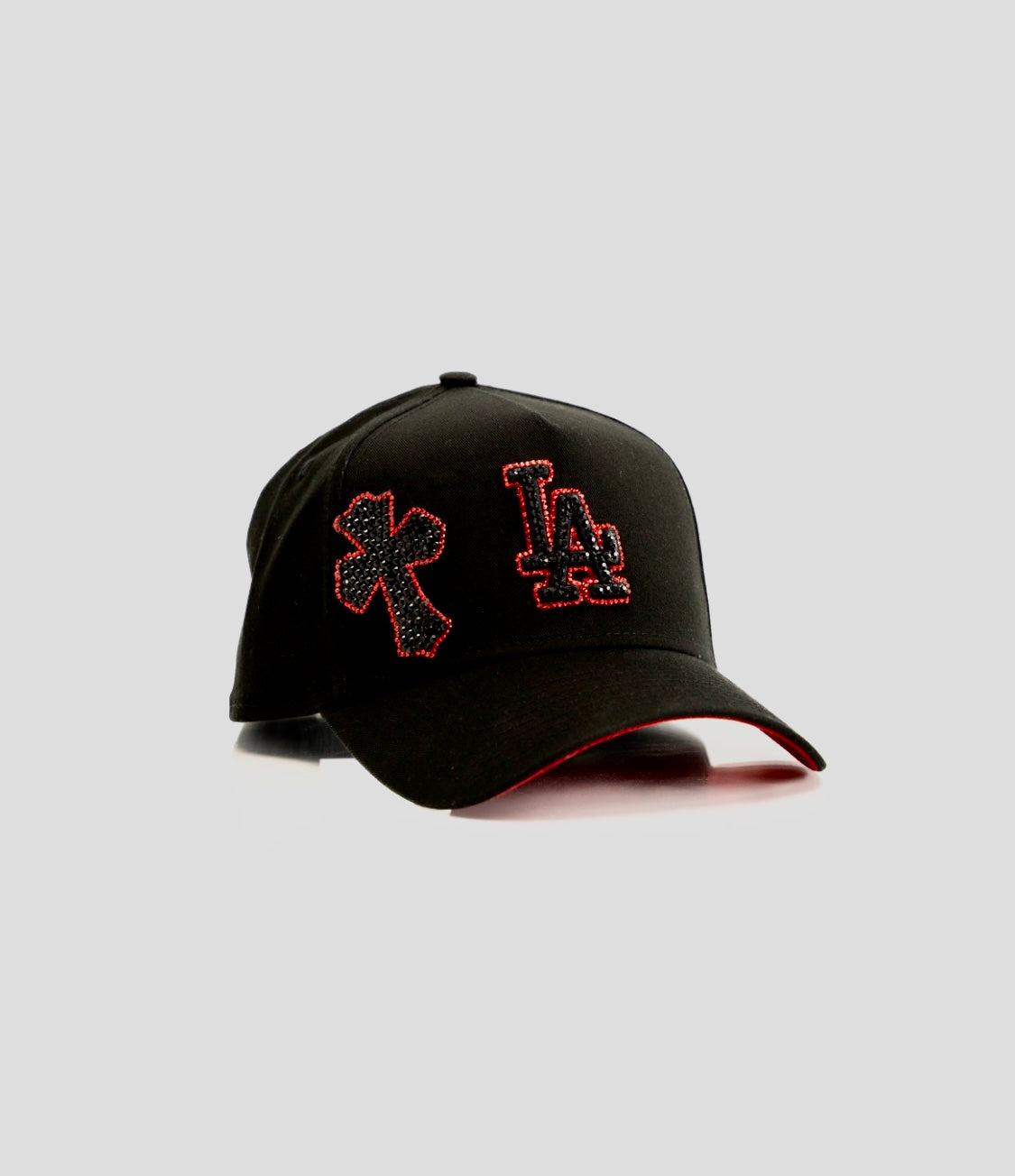 Black and red LA cap with rhinestone cross design