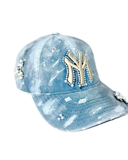 Light blue denim cap with pearl designs