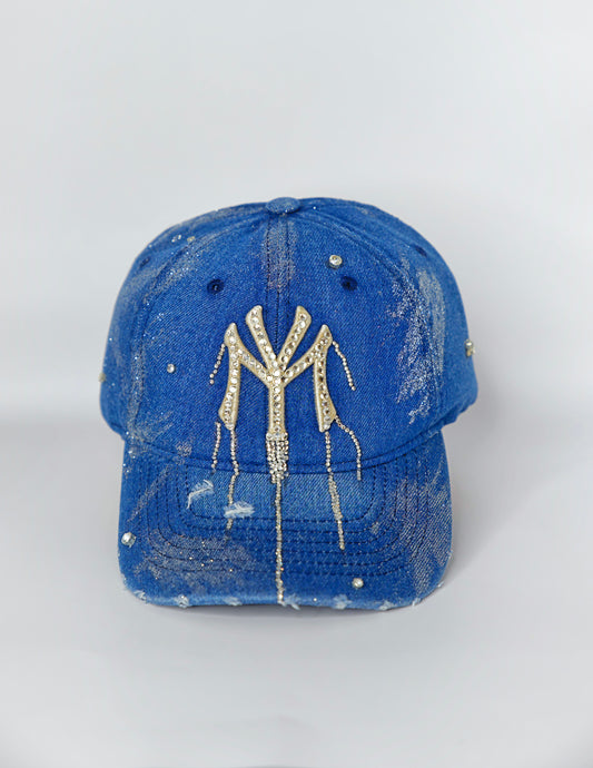 Blue washed denim cap with rhinestone