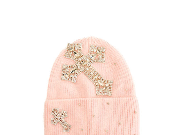 Pink winter hat with rhinestone crosses