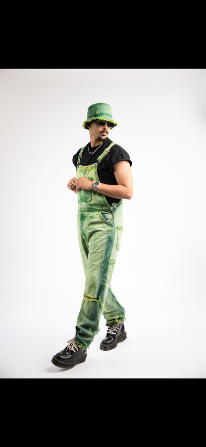 Apple green denim overalls and bucket hat set with vintage effect
