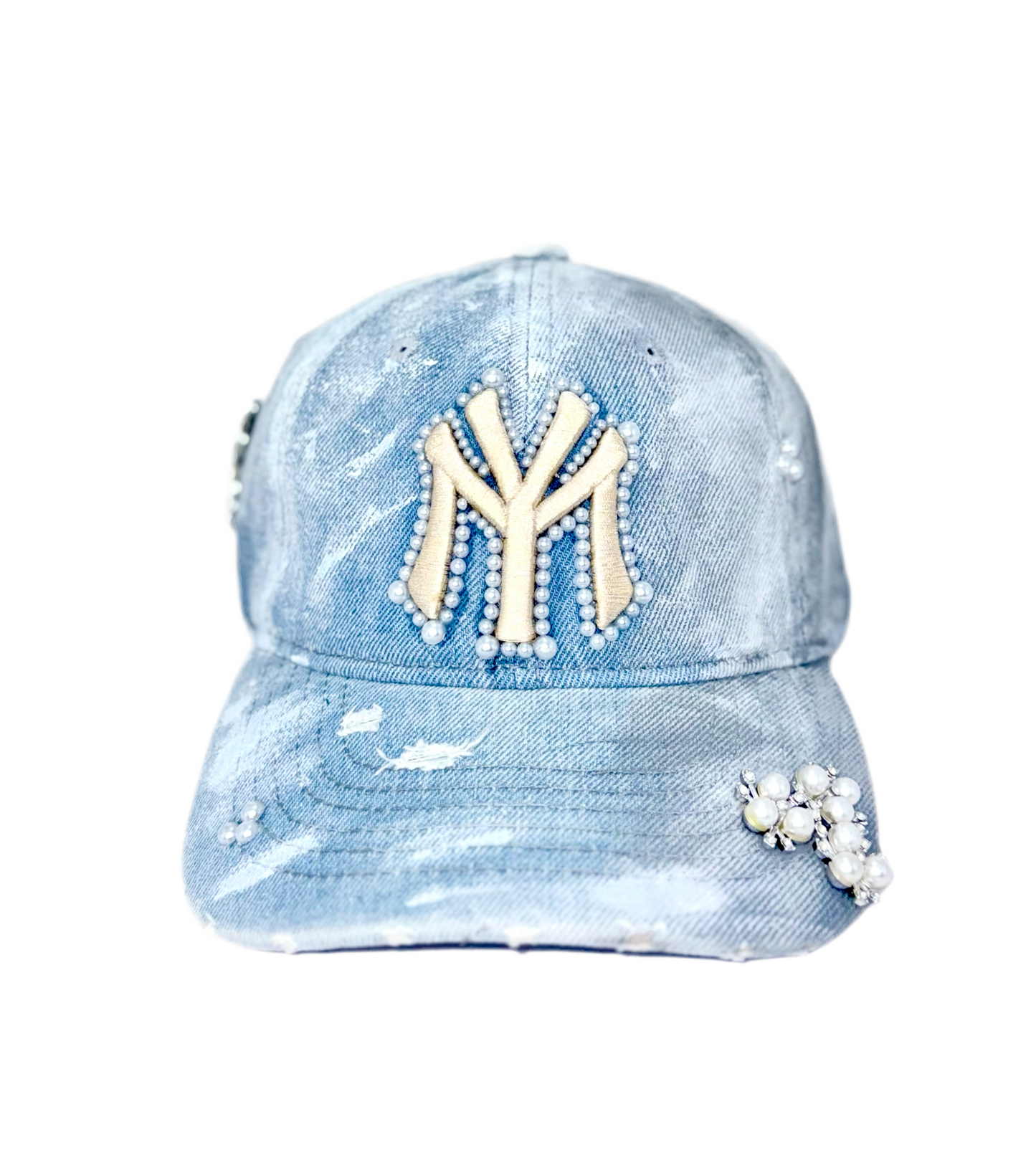 Light blue denim cap with pearl designs