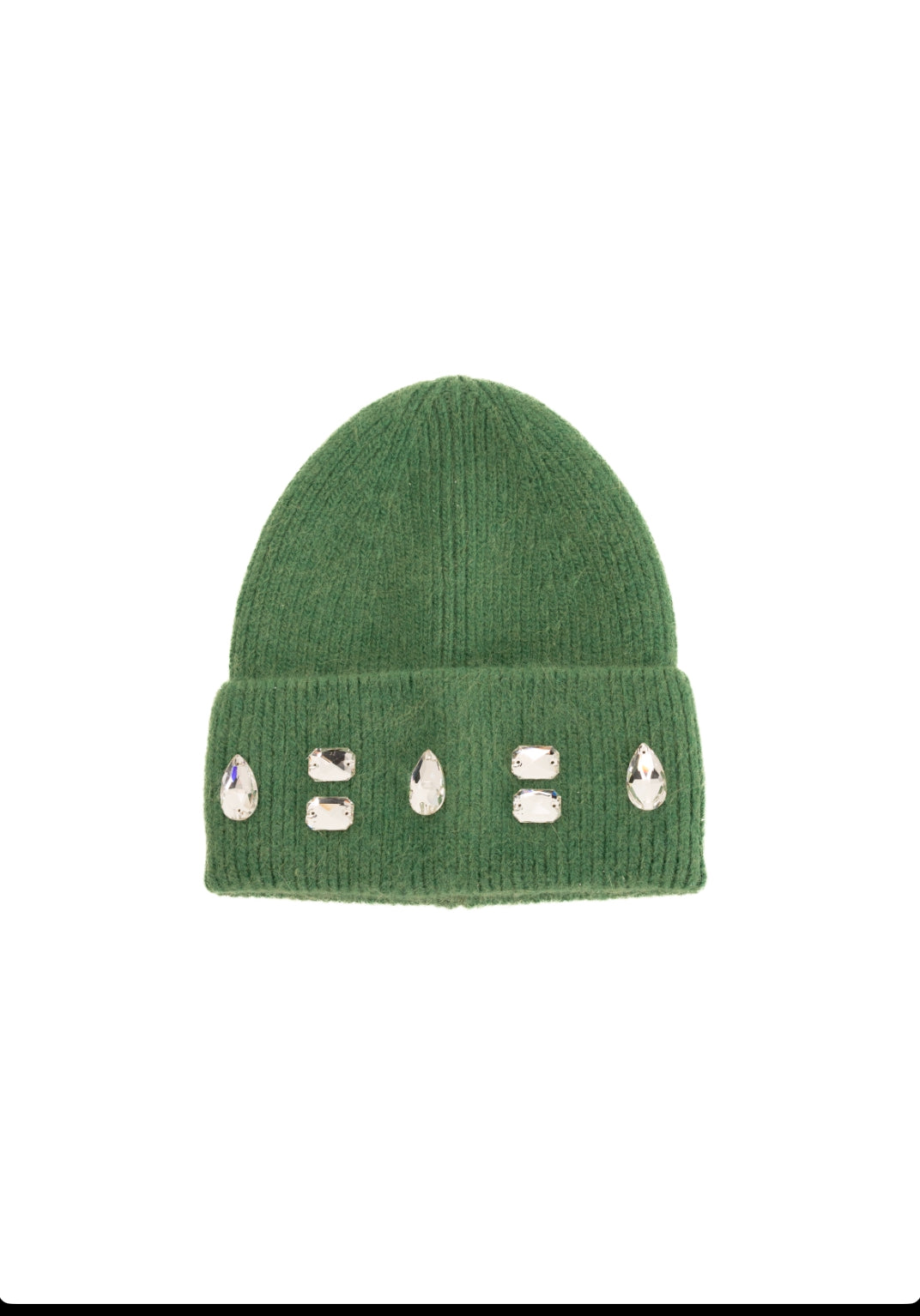 Dark green winter hat with rhinestone design