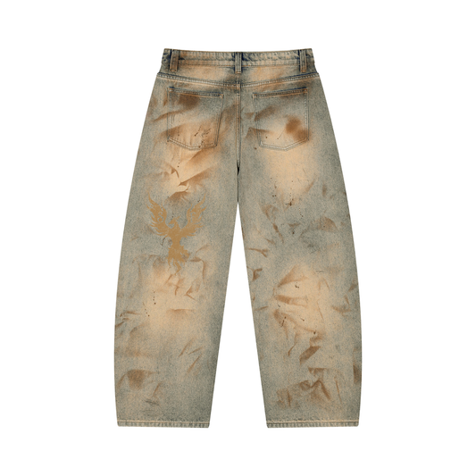 Pants with stain and wear designs