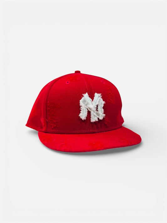 New York Cap in Red with Rhinestone Design and Wear