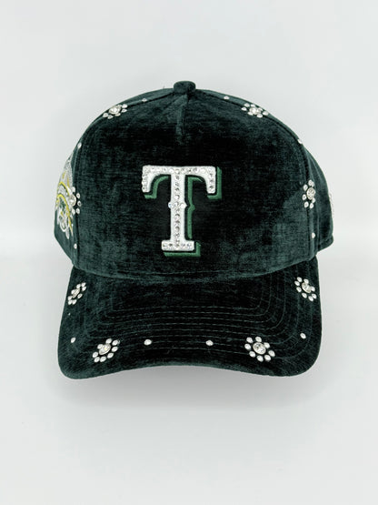 Green Texas Suede Cap with Rhinestone Designs