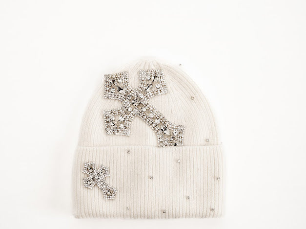 White winter hat with rhinestone crosses