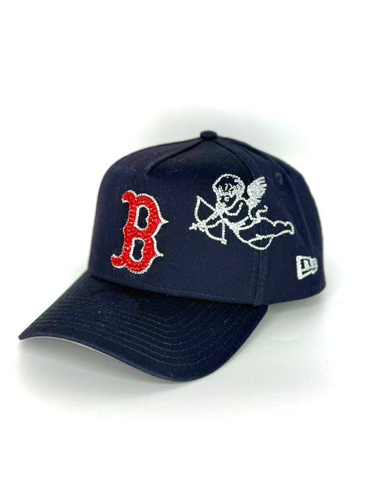 blue boston snapback cap with rhinestone cupid