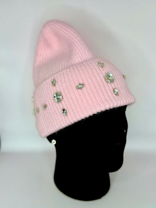 Light pink winter hat with rhinestone design